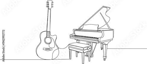 Continuous one line art drawing of a beautiful acoustic guitar standing next to a classic grand piano with a bench, representing music and harmony.