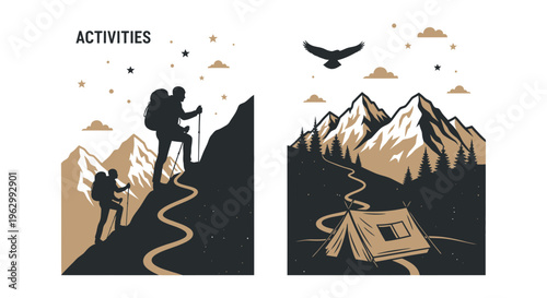 Outdoor adventure illustration hiking mountain trails under stars with tent