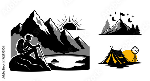 Outdoor adventure illustration set hiking camping nature travel vector graphics