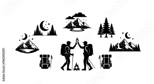 Outdoor adventure illustration set with hikers mountains trees and backpacks
