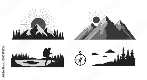 Outdoor adventure vector illustrations mountain forest hiking and compass