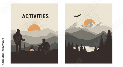 Outdoor adventure silhouettes poster design with mountain landscape and activities