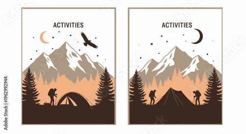Outdoor camping illustrations silhouette scenes of mountains and tent