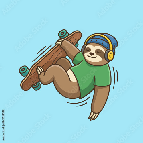 This image features a charming sloth skateboarding with headphones, showcasing a playful and relaxed vibe, perfect for conveying fun and leisure in a vibrant setting.