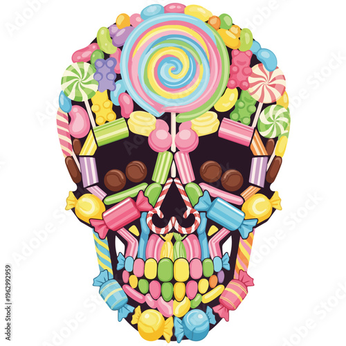 A vibrant skull illustration composed entirely of colorful candies
