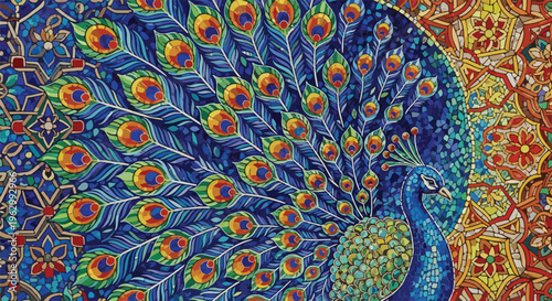 A vibrant mosaic depicts a peacock with colorful tail feathers