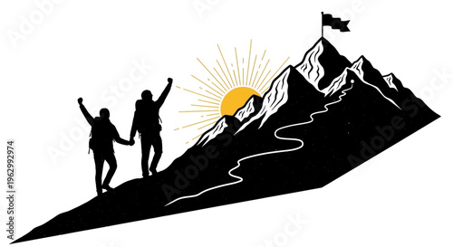 People reaching mountain peak with flag and sun vector illustration