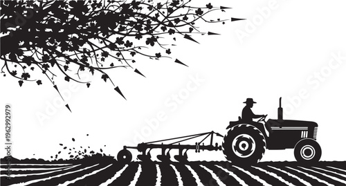 Black silhouette of man driving tractor with plow through field under tree