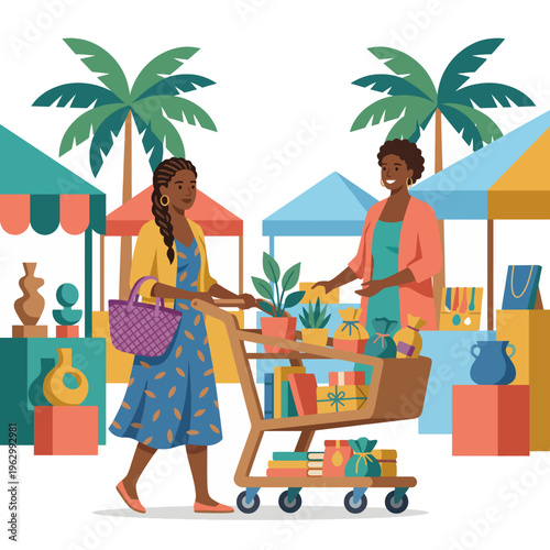 Two women engage in a lively market setting filled with colorful stalls, showcasing a fun and cheerful shopping experience that highlights community and connection.