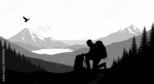Silhouette depicting adventure and emotion mountains hiking and reflection