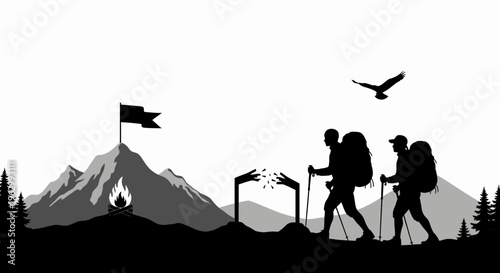 Silhouette hikers ascending mountain peak with campfire and flying bird