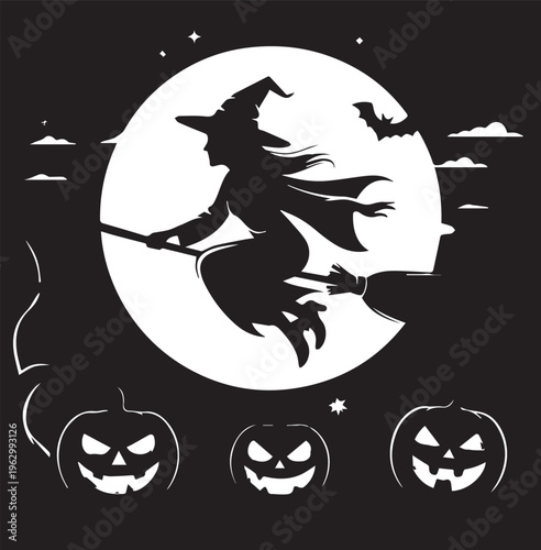 Halloween Witch on Broom Flying Over Silhouetted Landscape