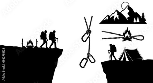 Silhouette hikers explore mountainous terrain with campfire and equipment elements