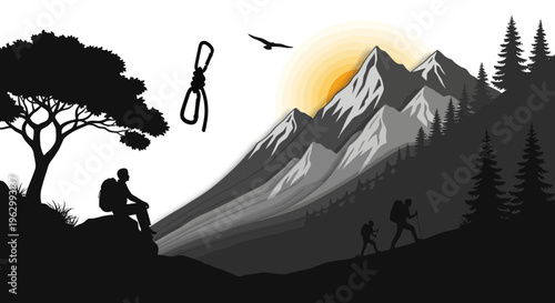 Silhouette hikers explore mountainous terrain with a climbing carabiner illustration