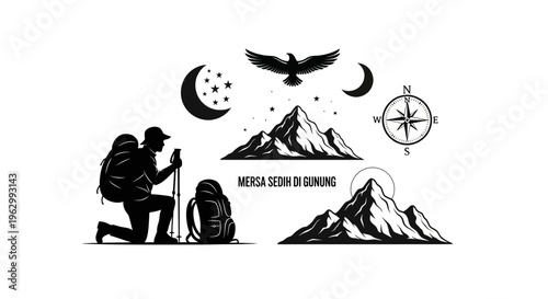 Silhouette mountain climber with compass and eagle elements design