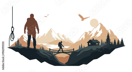 Silhouette illustration of hikers crossing bridge with mountainous backdrop