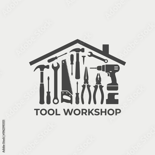 An innovative logo design depicting a variety of essential tools under a house outline, perfect for businesses in the construction and workshop sectors representing craftsmanship.