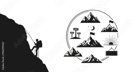 Silhouette of a climber ascending a mountain and circular mountain icons
