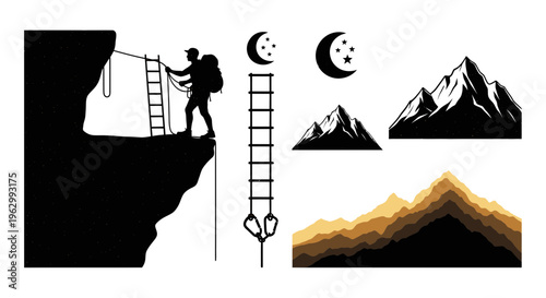 Silhouette of a climber ascending a cliff with mountains and moon elements