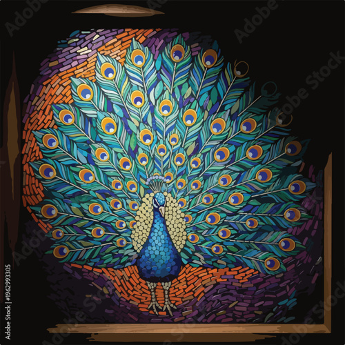 A vibrant mosaic peacock displaying its fan-like tail in a detailed artwork