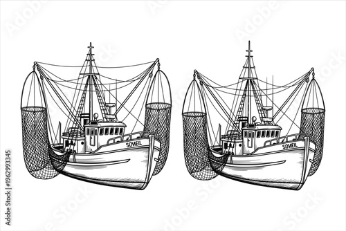 Fishing boat with net vintage sketch of ship