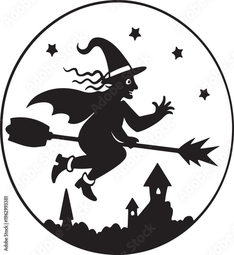 Simple Witch Silhouette on Broomstick in Flight