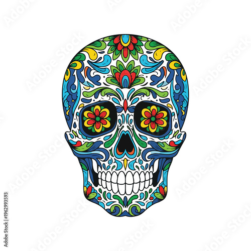 A vibrant sugar skull illustration with floral patterns and a detailed design