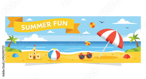 A vibrant summer beach scene with accessories and text in a banner