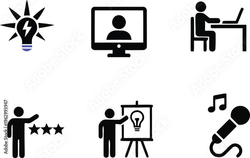 Collection of six black and white icons representing business and communication concepts