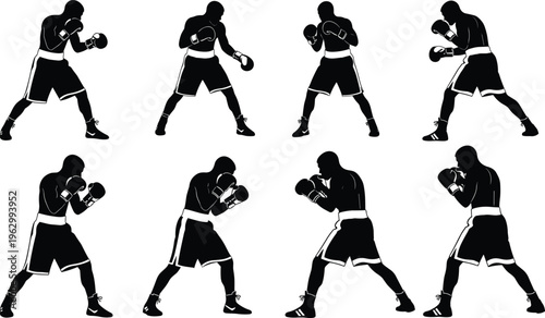Collection of black boxer silhouettes in various fighting stances, including defense, punching, and guard positions, perfect for martial arts graphics.