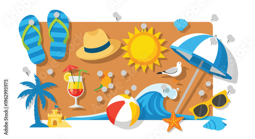 A vibrant summer scene, showcasing beach elements on sand background