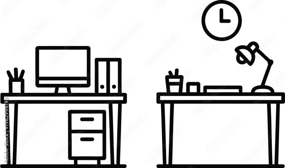 Fototapeta premium Comparison of two different office workstations with computer and desk setups