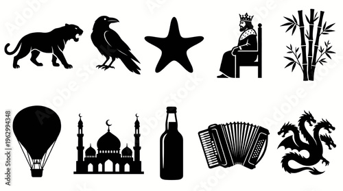 Black silhouette icon set with 10 vector elements, diverse collection of symbols including panther, raven, dragon, and mosque, minimalist graphic design assets