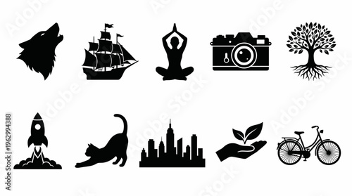 Minimalist black silhouette icons set, 10 vector elements including wolf, rocket, and yoga pose, flat graphic symbols for web and app design