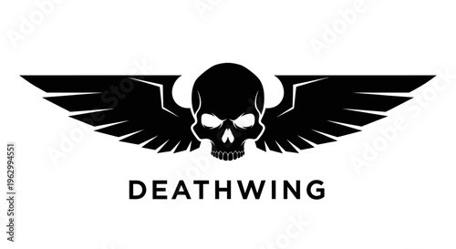Black skull with stylized wings and deathwing text logo design.