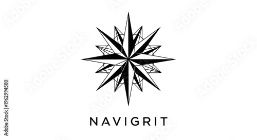 Black and white compass rose logo design with sharp points.