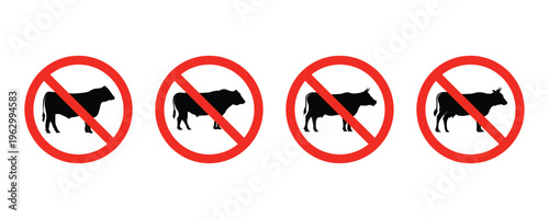 No cow symbol. Vegan concept badge no meat. Refusing to eat animals symbol. Prohibited pictogram of do not eat animal meat, vegan sign, vegetarian symbol