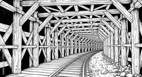 Illustration of a Mine Shaft with Wooden Support Beams.