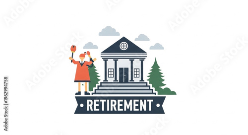 Retirement Savings Illustration - Senior Woman with Bank Building and Evergreen Trees.