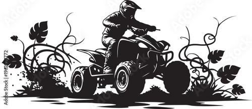 Black silhouette of person riding A T V through plants