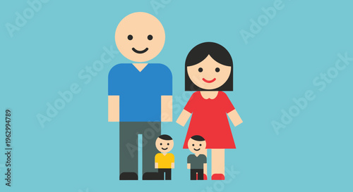 Cartoon family with two children standing.