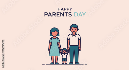 Cartoon family with little child standing.