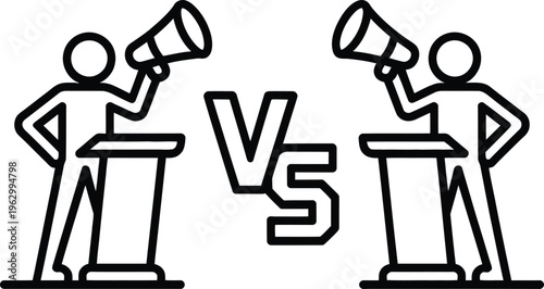 Two speakers engaged in a debate or discussion using megaphones