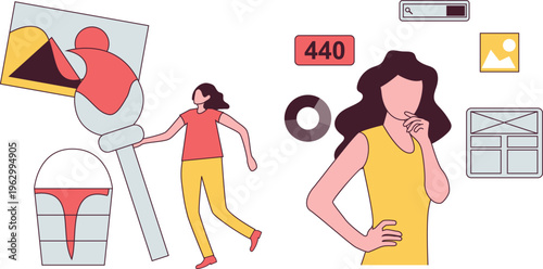 Woman shopping online while others assist her with product search and selection through various visual aids