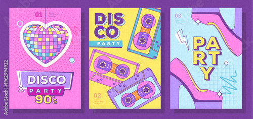 Set of retro colorful disco party posters, covers or banners of 80s-90s. Disco background. Flat design. Vector illustration