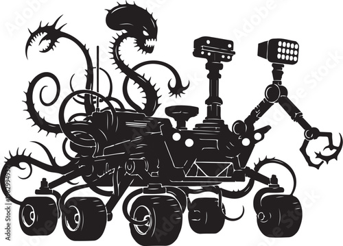Black silhouette of robotic rover with tentacles