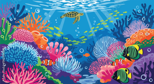 A vibrant underwater scene with coral, fish, a turtle, and bubbles