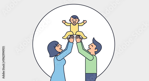 Family holding up happy little child.