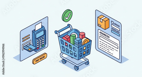 Isometric Illustration of Shopping Cart, Payment Terminal, and Delivery Confirmation.