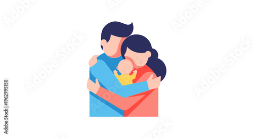 Family of three hug each other.